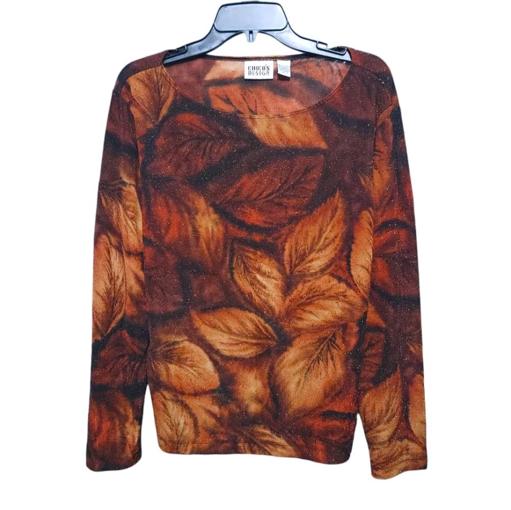 Chico's Brown Sparkle Glitter Leaf Print Long Sleeve Shirt Women's Size XL 3